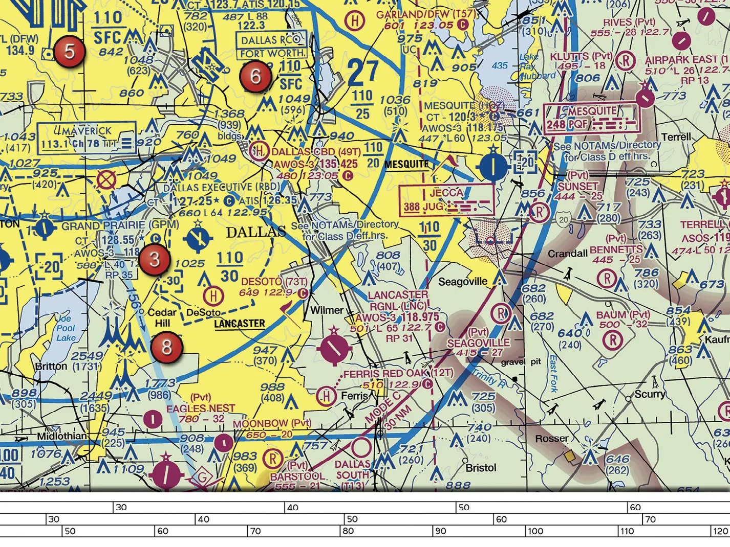 Sectional chart excerpt around Dallas, Mesquite, and Lancaster, Texas (southeast quarter of Figure 25)
